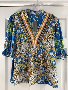 Anthropologie Floral V-Neck Tunic Top in Blue and Mustard